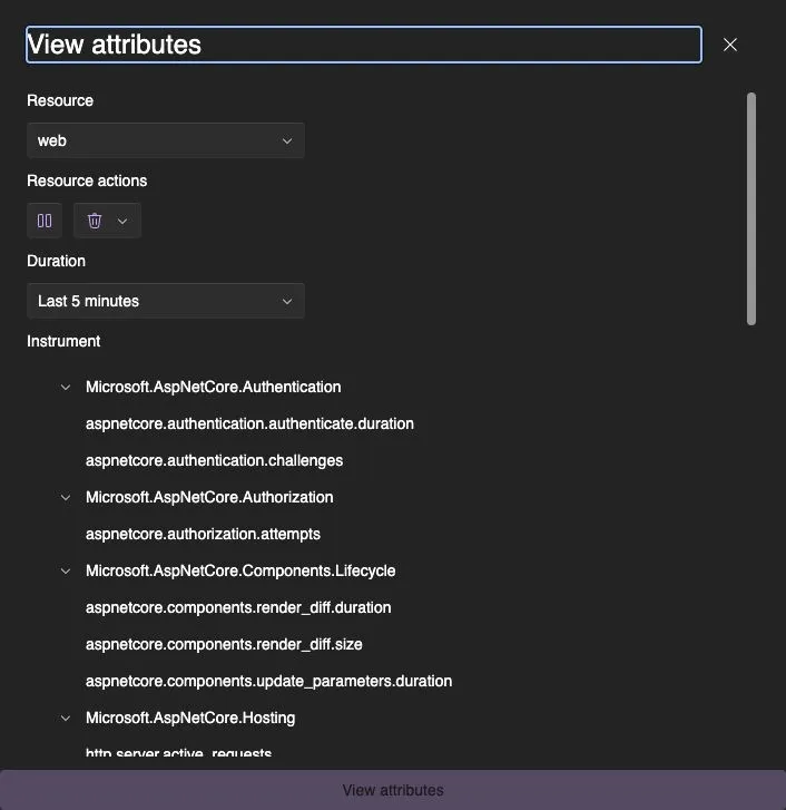 ASP.NET Core metric instruments available for the web resource after controlled requests.
