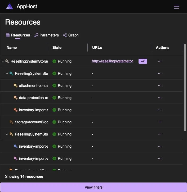 The Aspire dashboard showing the application’s PostgreSQL, storage, web, and worker resources.